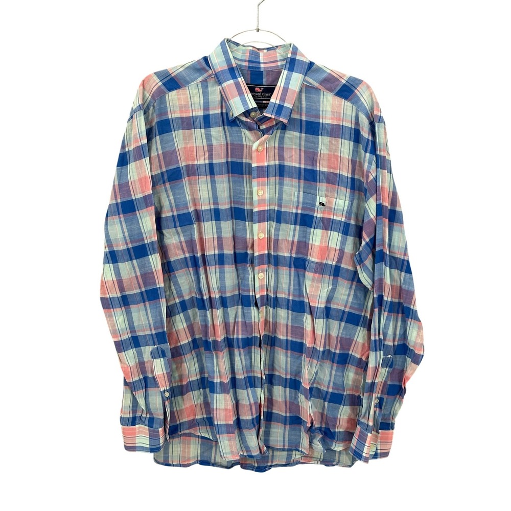 Vineyard Vines Shirt Mens XL Blue Pink Plaid Slim Fit Tucker Button Up Preppy